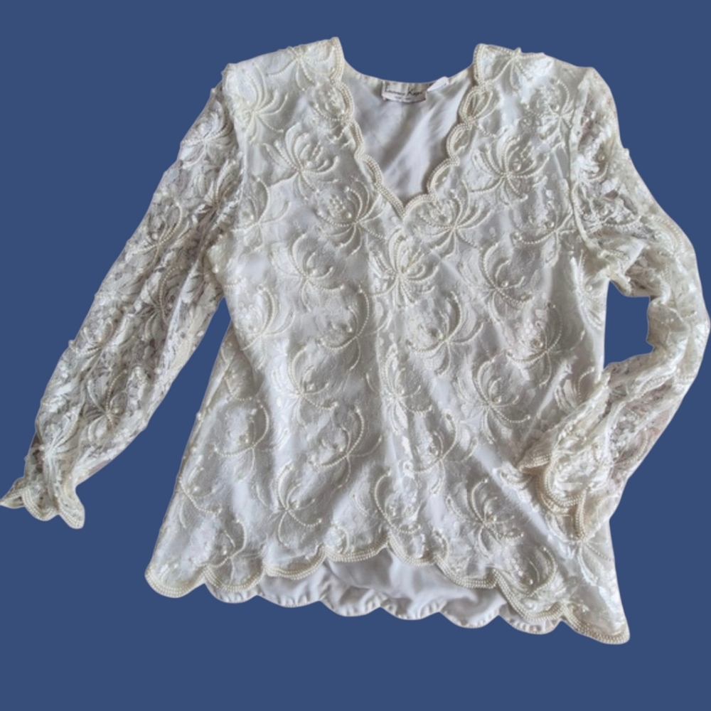 Vintage Laurence Kazar White Lace And Beaded Blouse Large